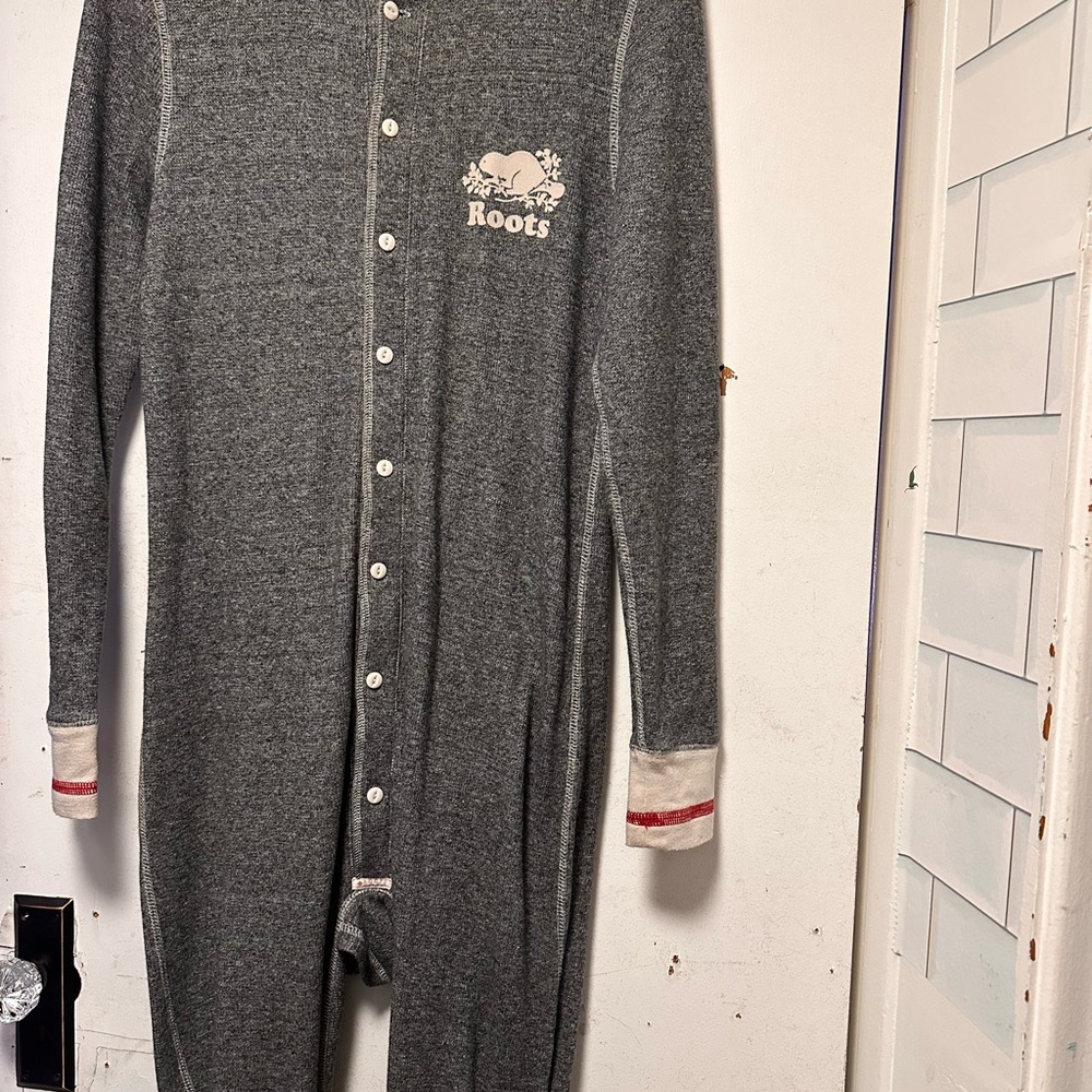 Roots Gray Button-Up Onesie with “backdoor flap”